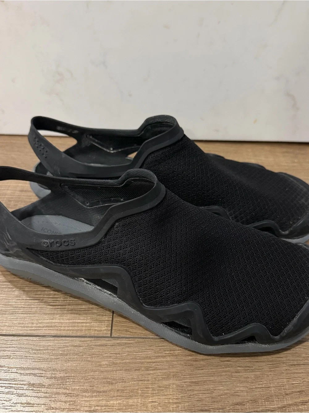 CROCS Black Mesh Slip-On Sandals with Gray Soles, 9